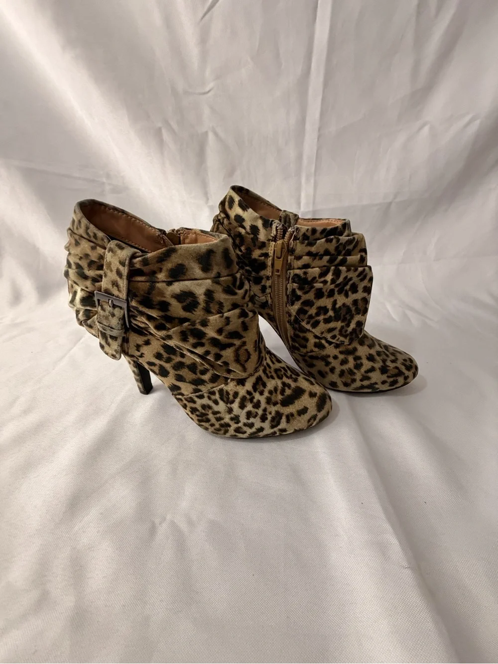 Glaze Leopard Print Ruched Ankle Booties in Tan and Black